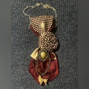 Vintage-Inspired Maroon & Cream Brooch Pendant Necklace